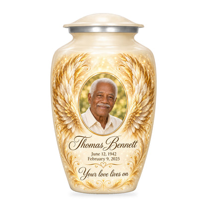 white adult urn with Ivory Golden Wings angel wings artwork, fictional sample portrait and personalized inscription on white.