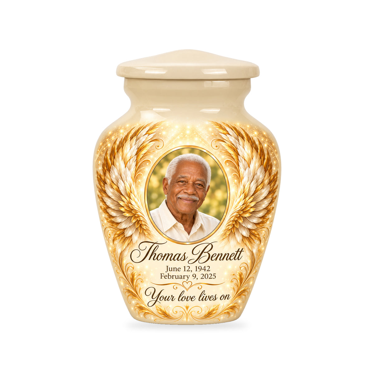 One matching white ringless 3-inch keepsake with Ivory Golden Wings angel wings artwork and sample photo and text.