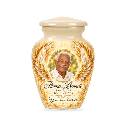 One matching white ringless 3-inch keepsake with Ivory Golden Wings angel wings artwork and sample photo and text.