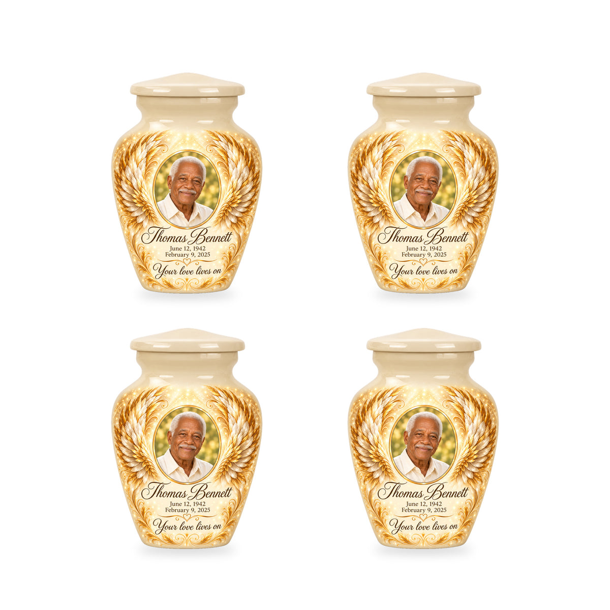 Four matching white angel wings keepsake urns with sample photo and inscription.