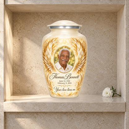 white adult urn with Ivory Golden Wings angel wings artwork displayed in a columbarium niche.