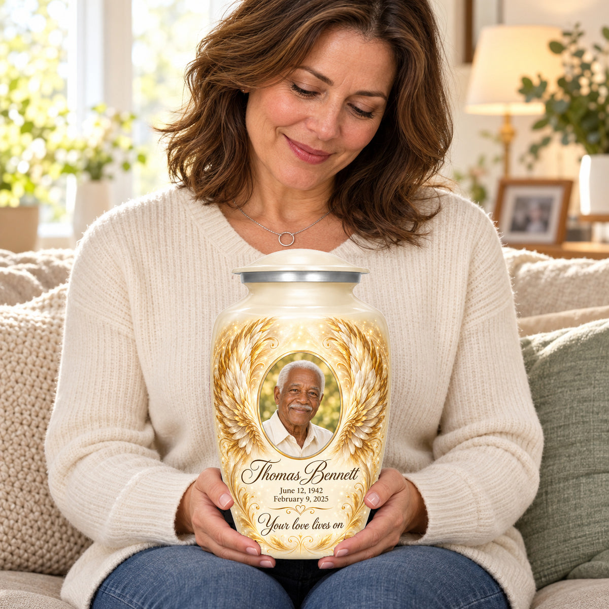 Seated person holding the white adult angel wings urn on their lap.