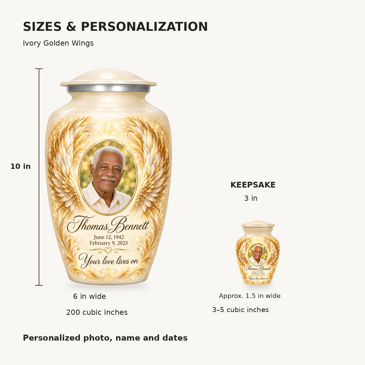 Size guide: adult 10 inches high, 6 inches wide, 200 cubic inches; keepsake 3 inches high, 3–5 cubic inches.