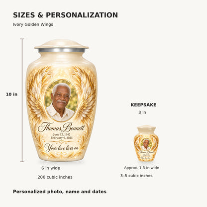 Size guide: adult 10 inches high, 6 inches wide, 200 cubic inches; keepsake 3 inches high, 3–5 cubic inches.