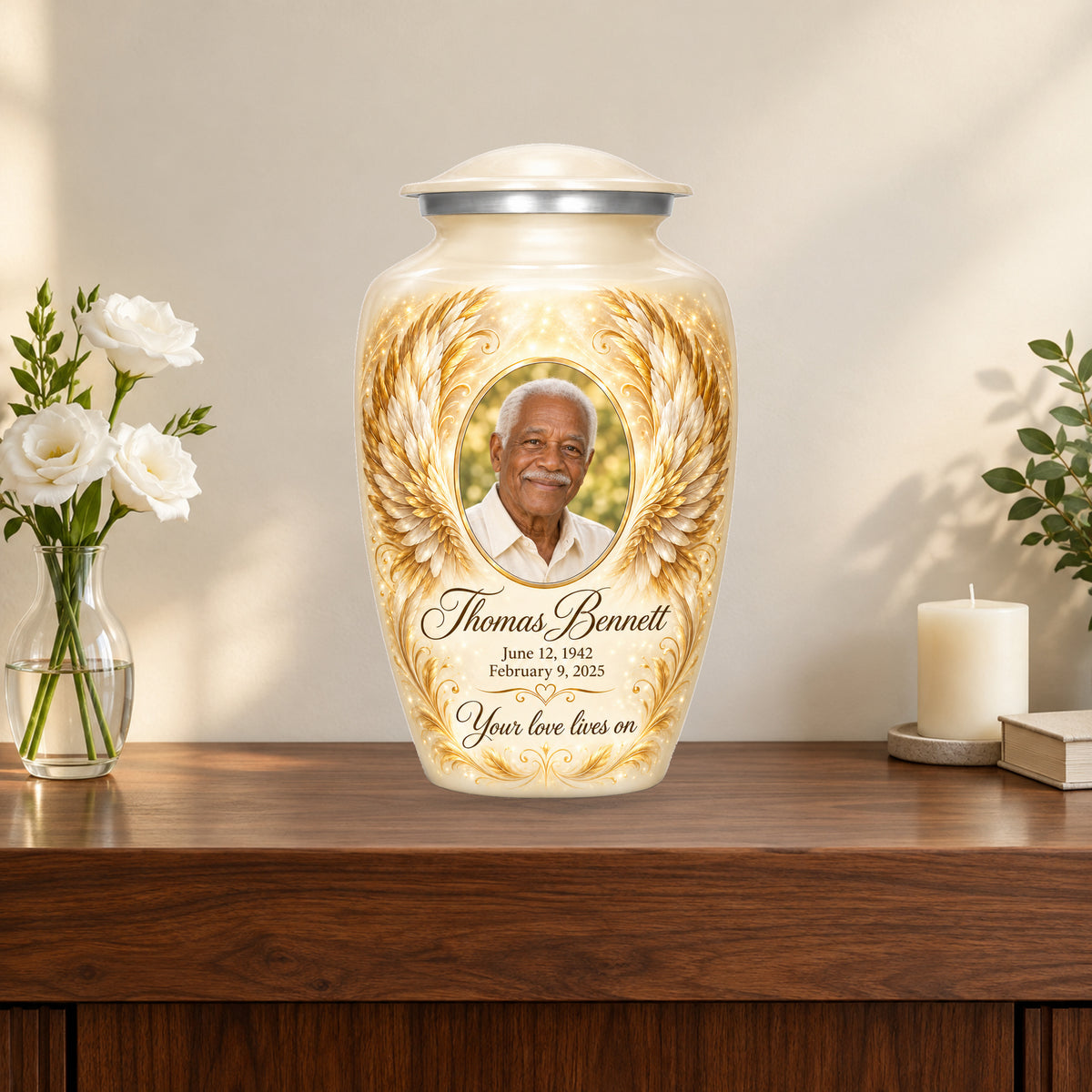 white personalized angel wings adult urn on a memorial console.