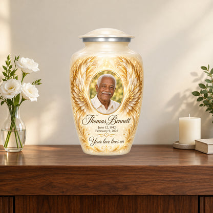 white personalized angel wings adult urn on a memorial console.