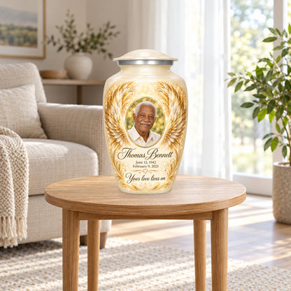 white personalized angel wings adult urn in a sunlit home.
