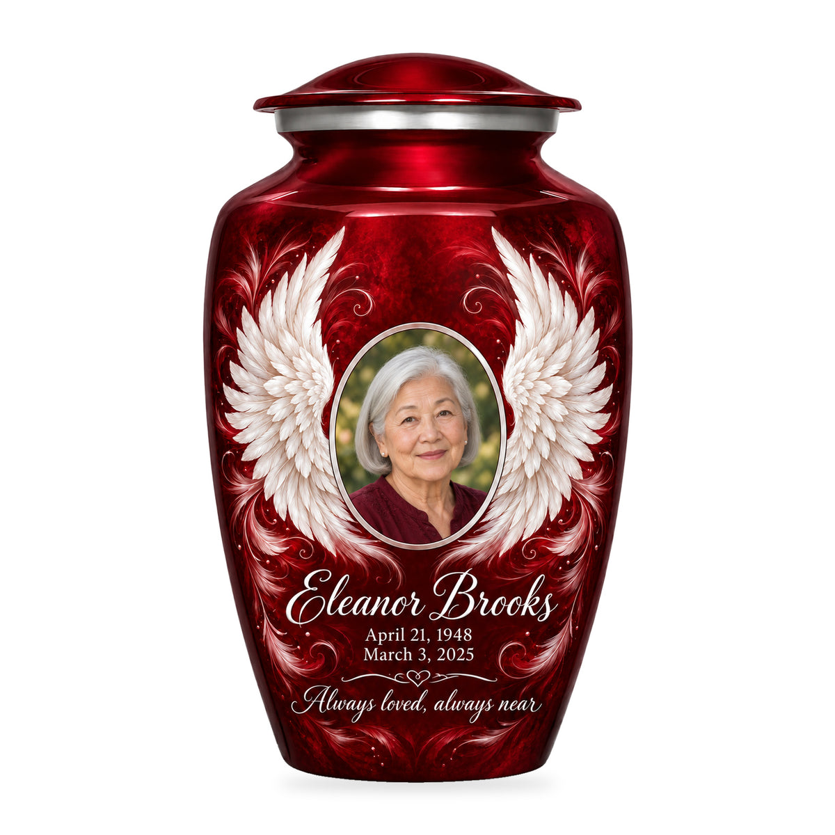 red adult urn with Crimson Uplifted Wings angel wings artwork, fictional sample portrait and personalized inscription on white.