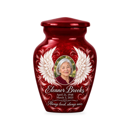 One matching red ringless 3-inch keepsake with Crimson Uplifted Wings angel wings artwork and sample photo and text.