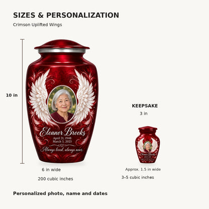 Size guide: adult 10 inches high, 6 inches wide, 200 cubic inches; keepsake 3 inches high, 3–5 cubic inches.
