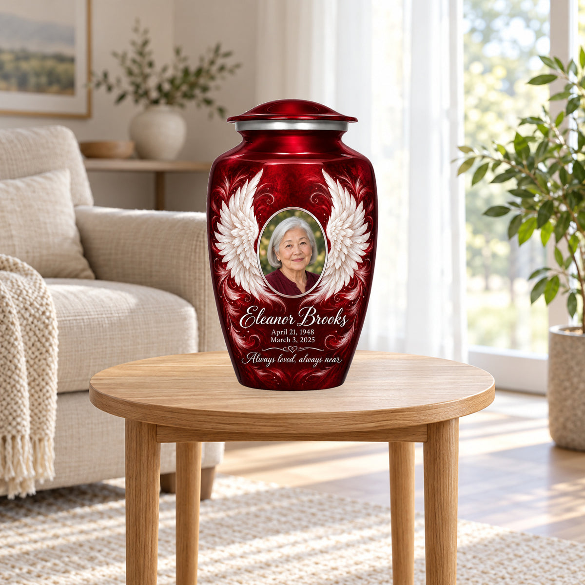 red personalized angel wings adult urn in a sunlit home.
