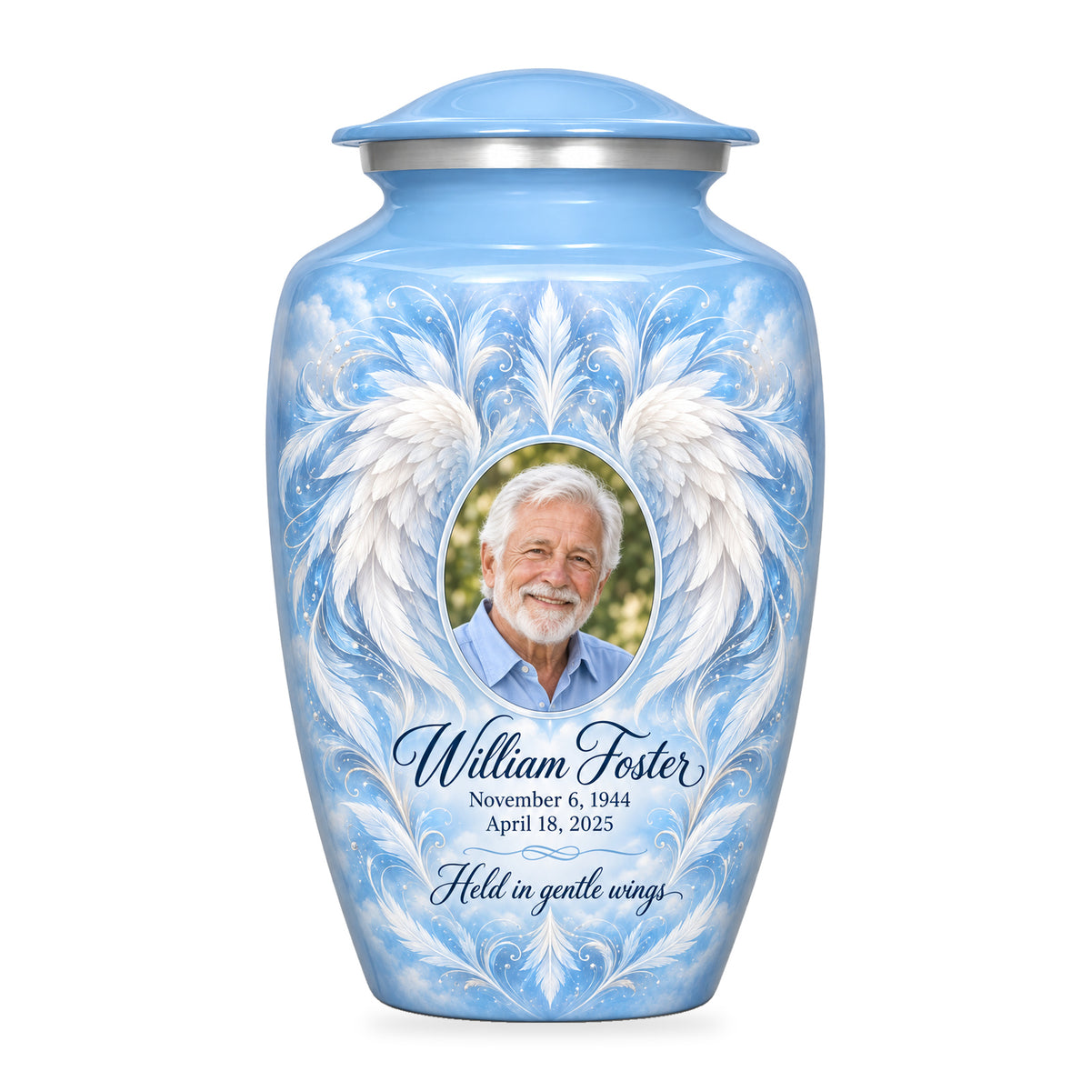 blue adult urn with Sky Feather Mandala angel wings artwork, fictional sample portrait and personalized inscription on white.