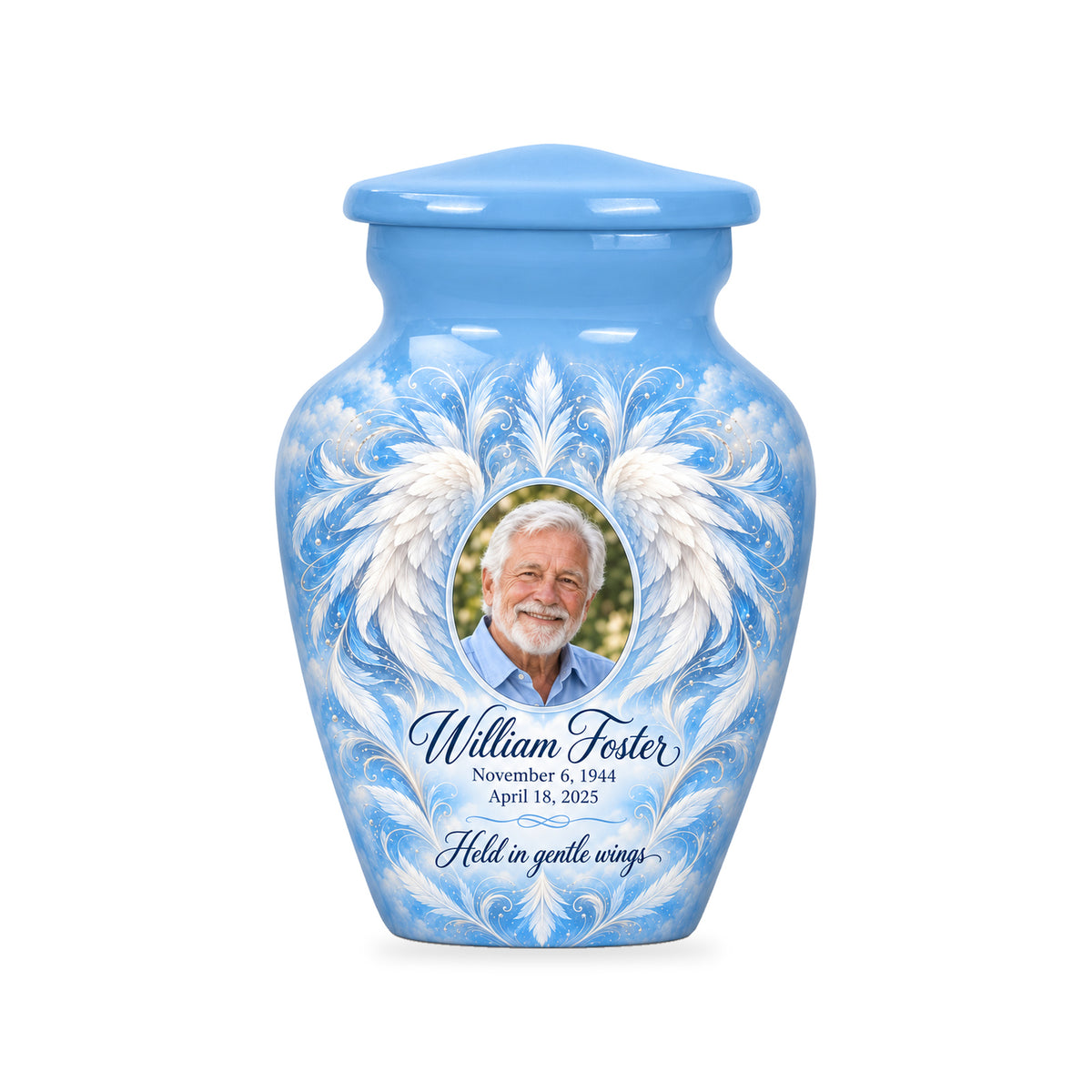 One matching blue ringless 3-inch keepsake with Sky Feather Mandala angel wings artwork and sample photo and text.