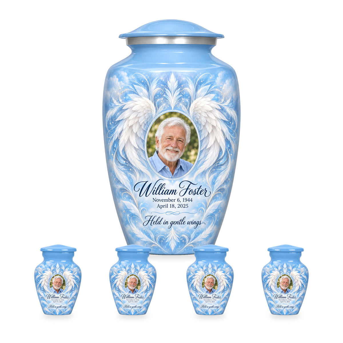 blue adult angel wings urn with four matching keepsakes shown in proportional 10-inch and 3-inch sizes.