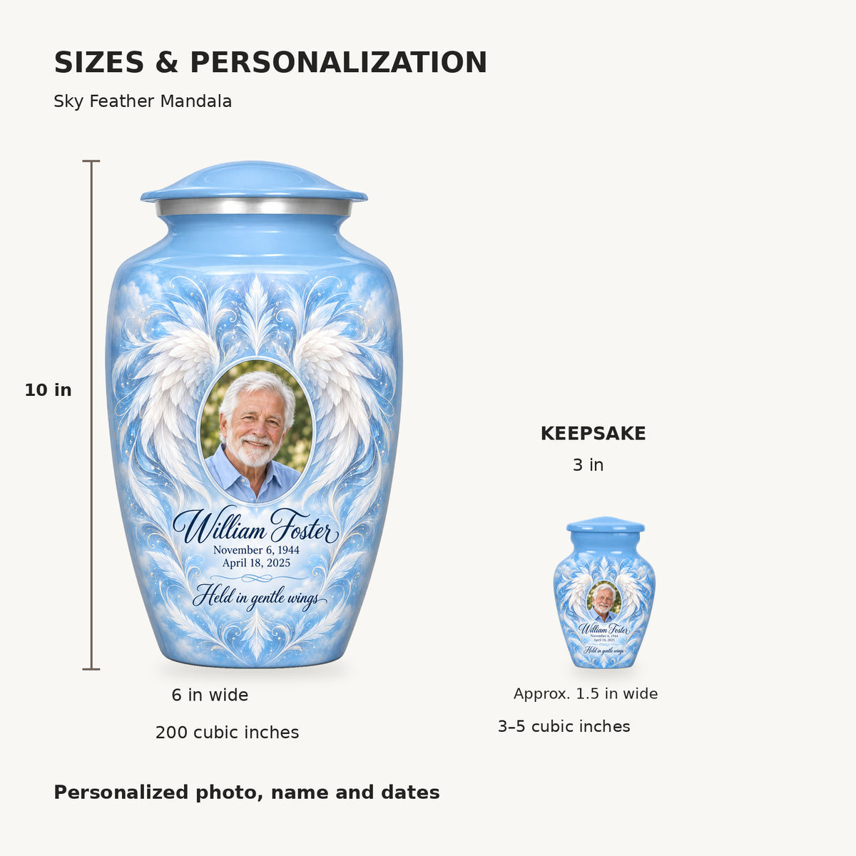 Size guide: adult 10 inches high, 6 inches wide, 200 cubic inches; keepsake 3 inches high, 3–5 cubic inches.