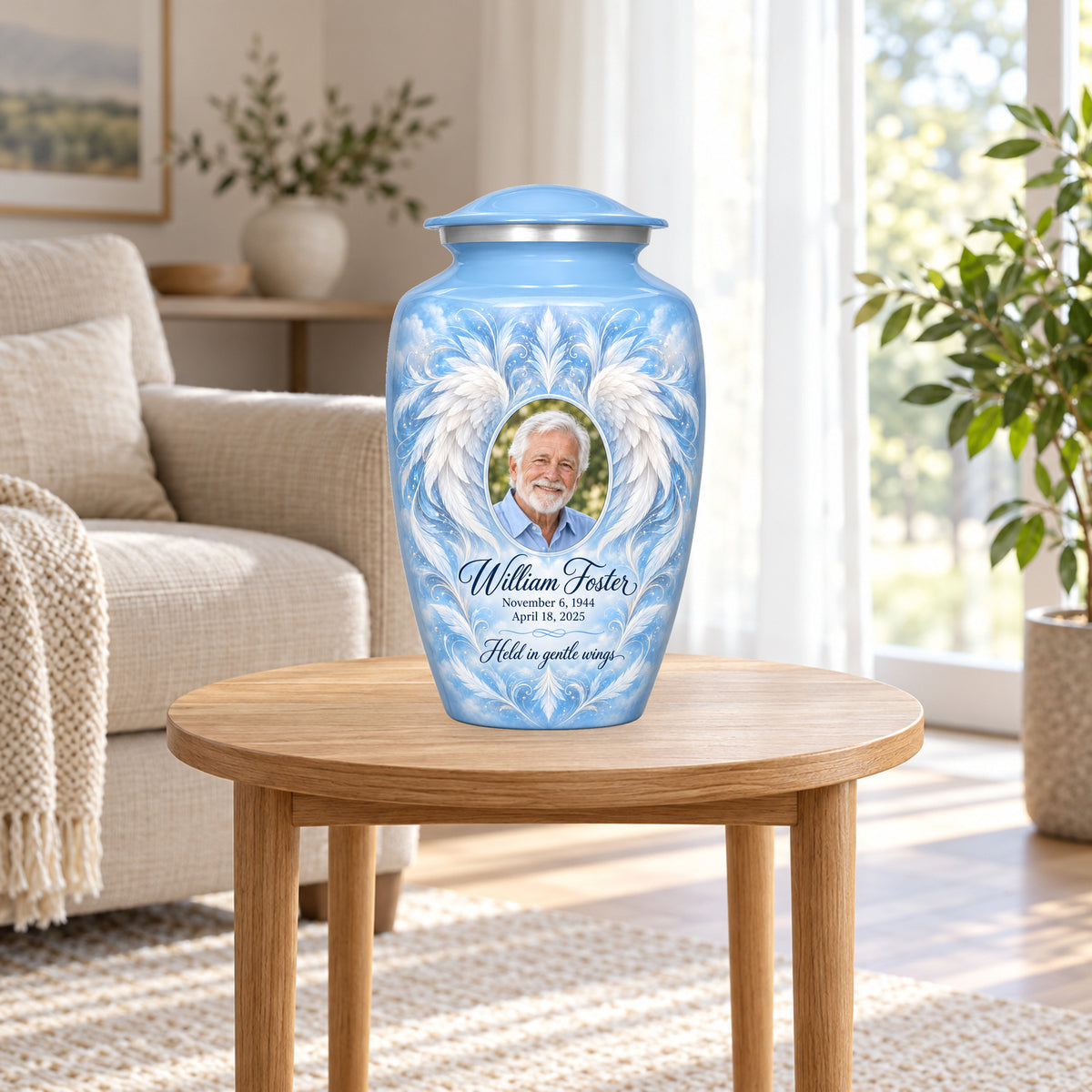 blue personalized angel wings adult urn in a sunlit home.