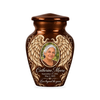 One matching brown ringless 3-inch keepsake with Bronze Etched Wings angel wings artwork and sample photo and text.
