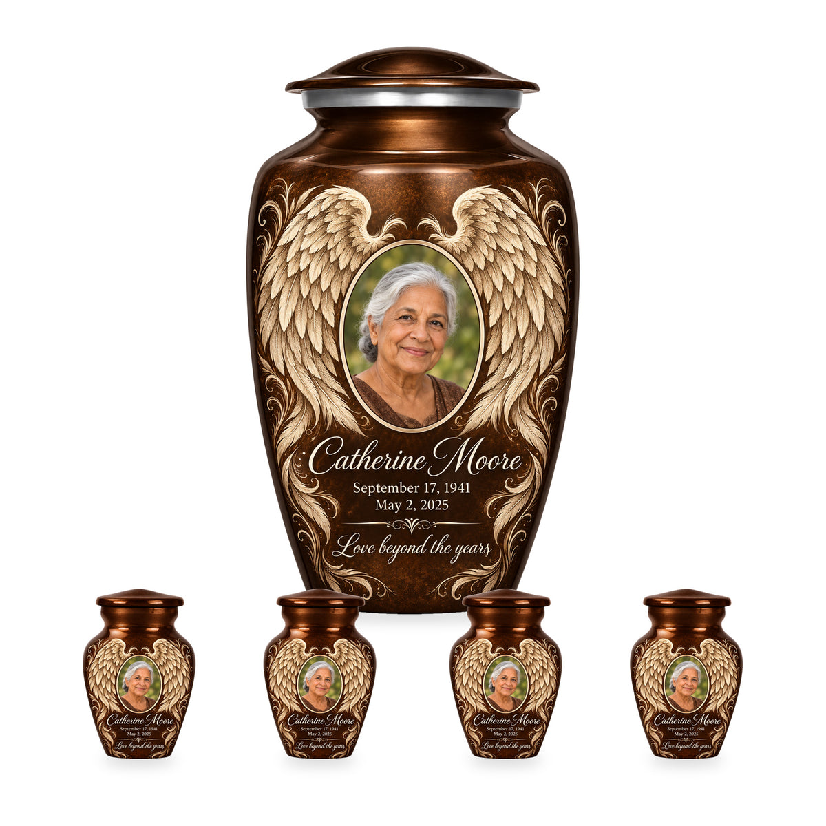 brown adult angel wings urn with four matching keepsakes shown in proportional 10-inch and 3-inch sizes.