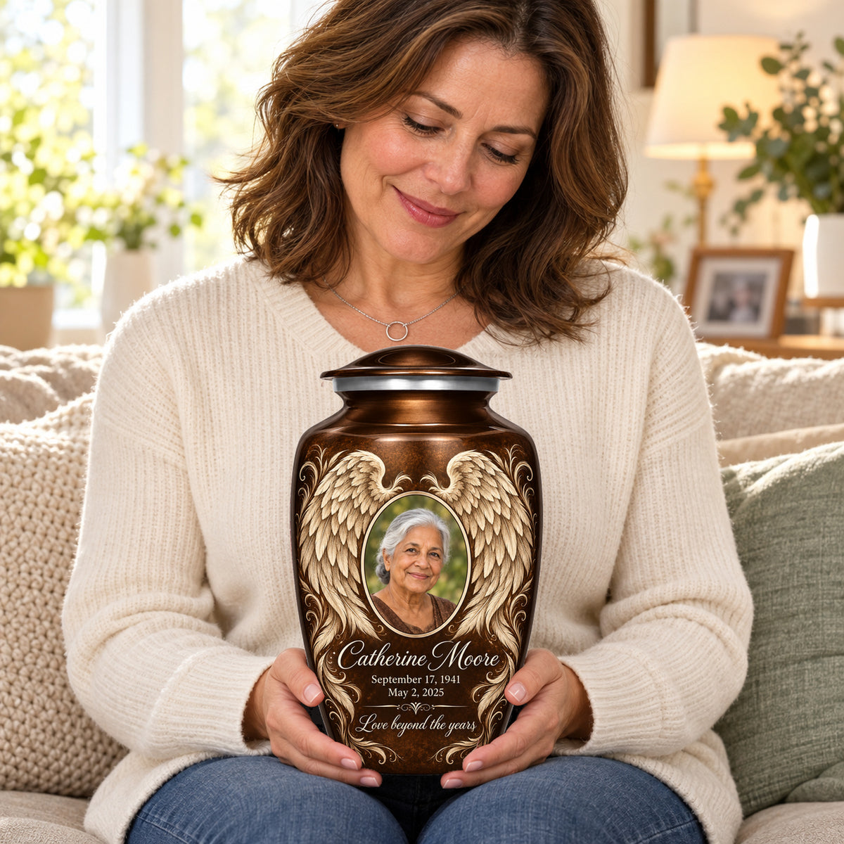 Seated person holding the brown adult angel wings urn on their lap.