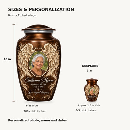 Size guide: adult 10 inches high, 6 inches wide, 200 cubic inches; keepsake 3 inches high, 3–5 cubic inches.