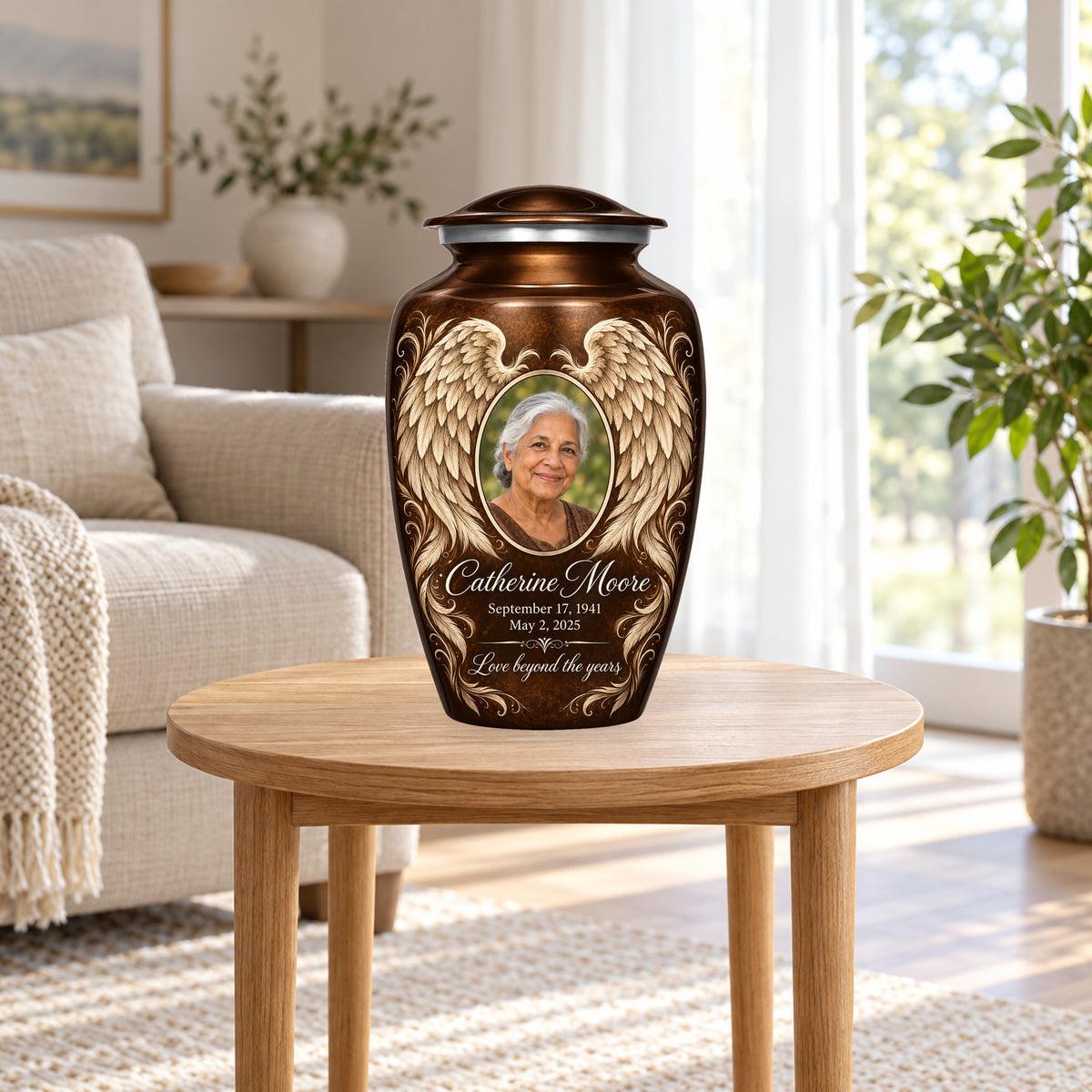 brown personalized angel wings adult urn in a sunlit home.
