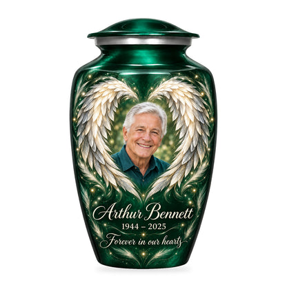 green adult urn with Emerald Heart Wings angel wings artwork, fictional sample portrait and personalized inscription on white.
