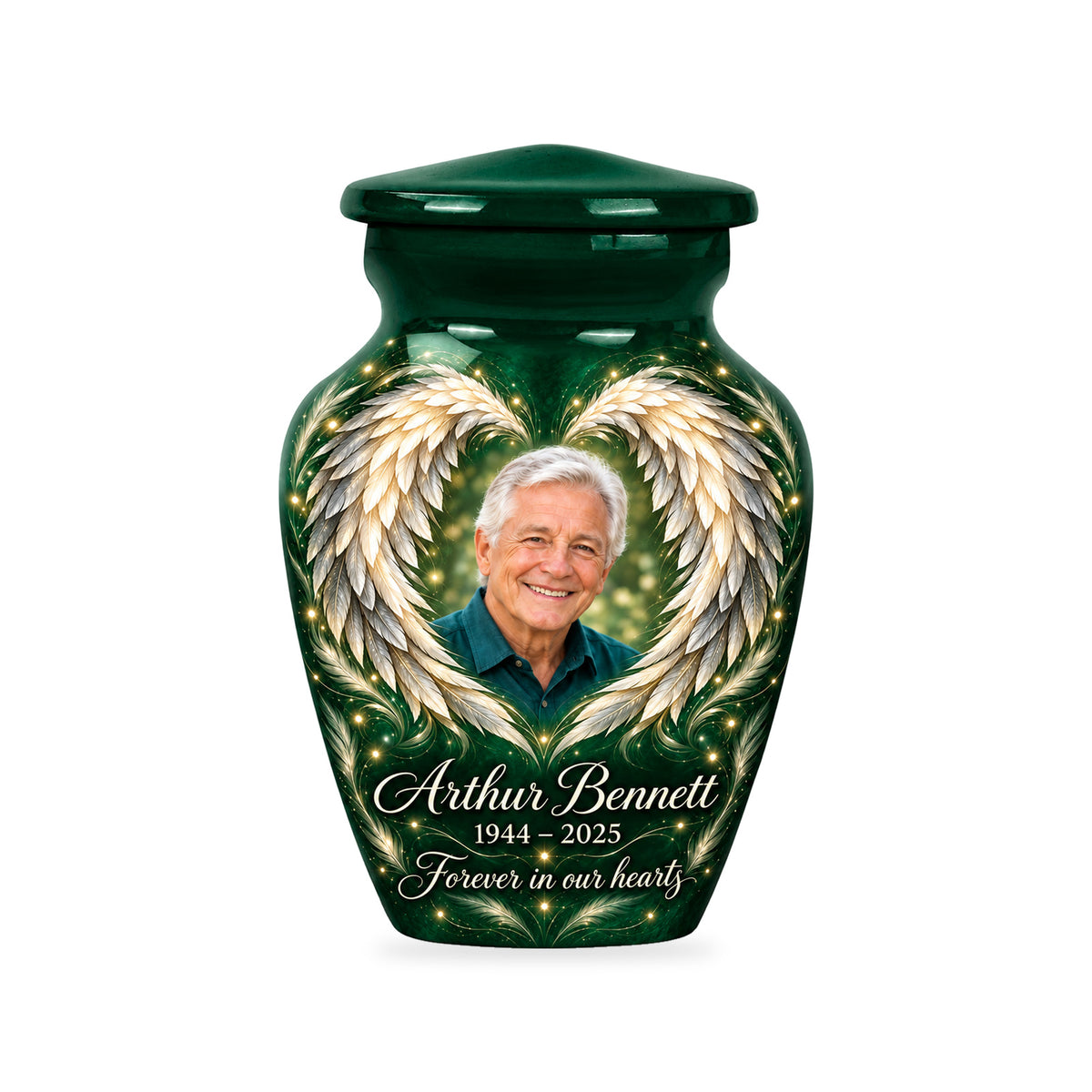 One matching green ringless 3-inch keepsake with Emerald Heart Wings angel wings artwork and sample photo and text.