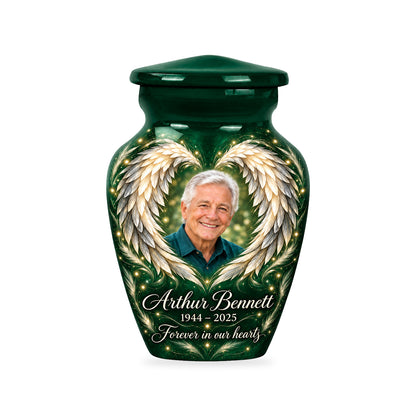 One matching green ringless 3-inch keepsake with Emerald Heart Wings angel wings artwork and sample photo and text.