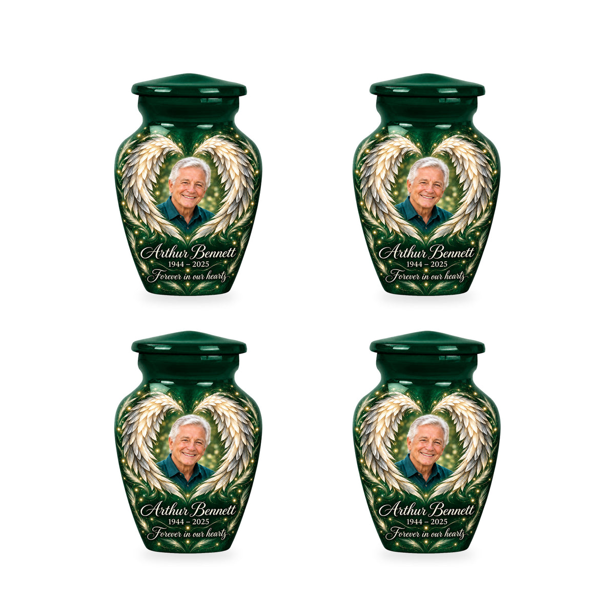 Four matching green angel wings keepsake urns with sample photo and inscription.