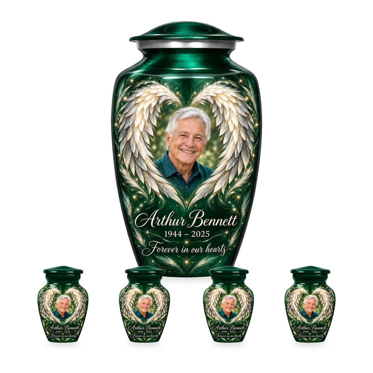 green adult angel wings urn with four matching keepsakes shown in proportional 10-inch and 3-inch sizes.