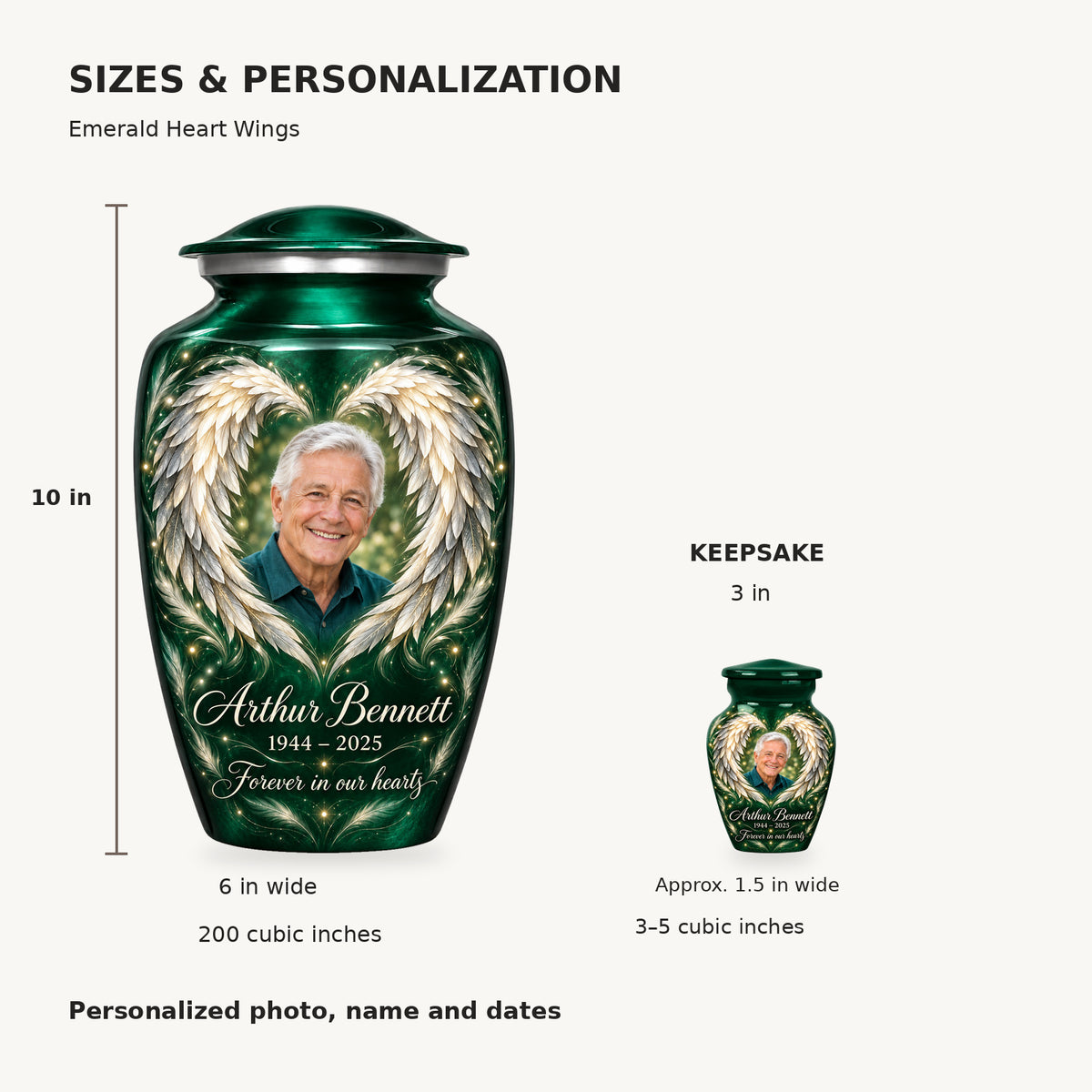 Size guide: adult 10 inches high, 6 inches wide, 200 cubic inches; keepsake 3 inches high, 3–5 cubic inches.