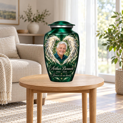 green personalized angel wings adult urn in a sunlit home.
