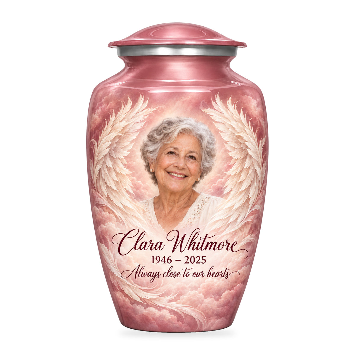 pink adult urn with Rose Cloud Wings angel wings artwork, fictional sample portrait and personalized inscription on white.