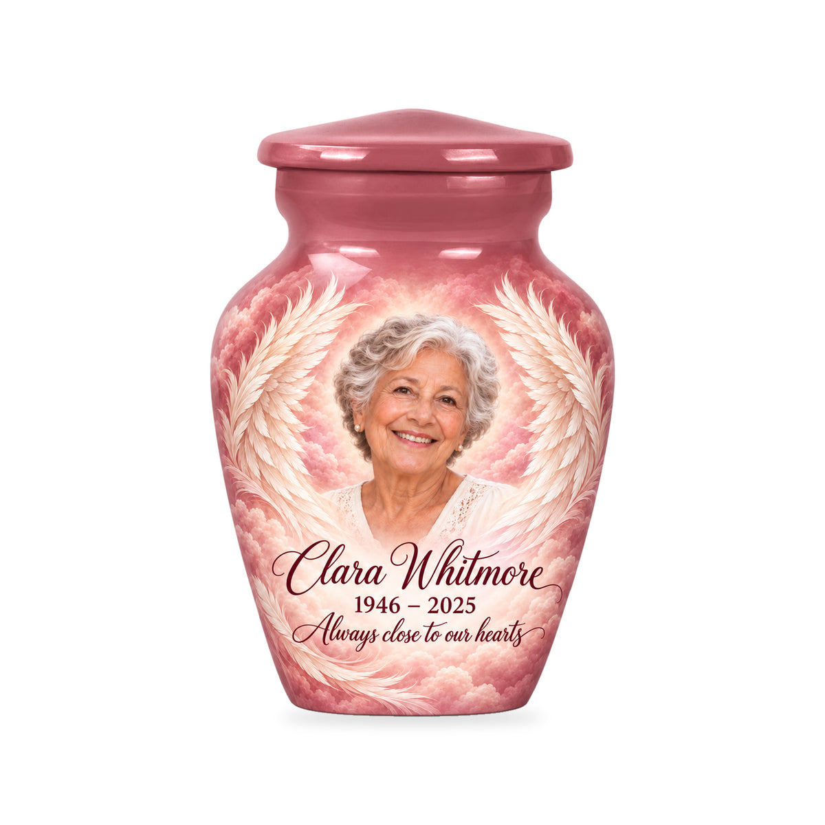One matching pink ringless 3-inch keepsake with Rose Cloud Wings angel wings artwork and sample photo and text.
