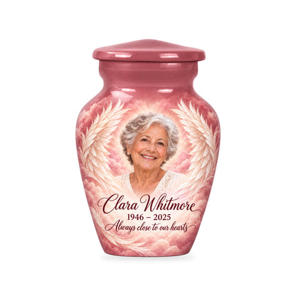 One matching pink ringless 3-inch keepsake with Rose Cloud Wings angel wings artwork and sample photo and text.