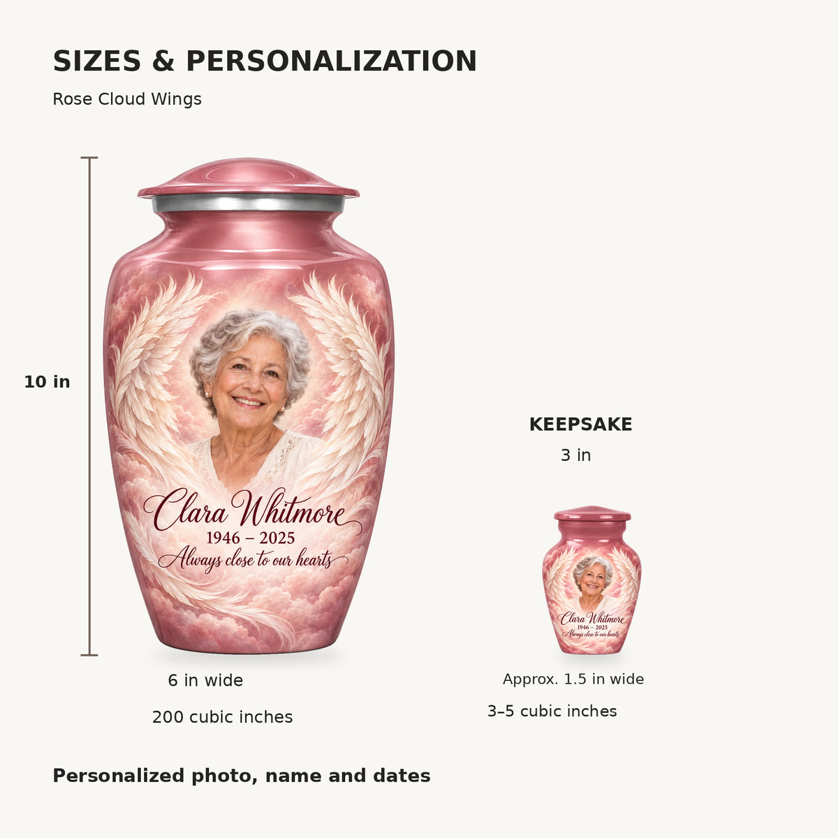 Size guide: adult 10 inches high, 6 inches wide, 200 cubic inches; keepsake 3 inches high, 3–5 cubic inches.