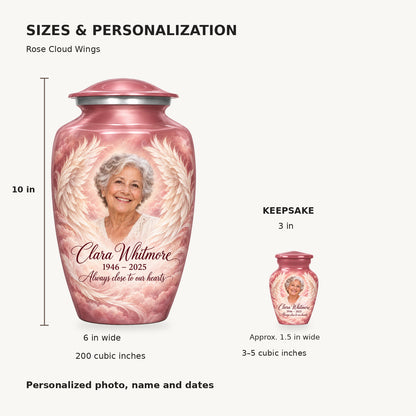 Size guide: adult 10 inches high, 6 inches wide, 200 cubic inches; keepsake 3 inches high, 3–5 cubic inches.