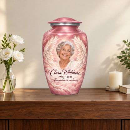 pink personalized angel wings adult urn on a memorial console.