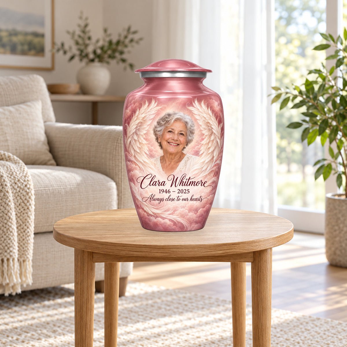 pink personalized angel wings adult urn in a sunlit home.