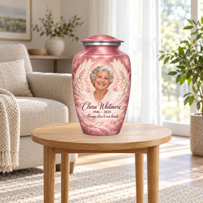 pink personalized angel wings adult urn in a sunlit home.