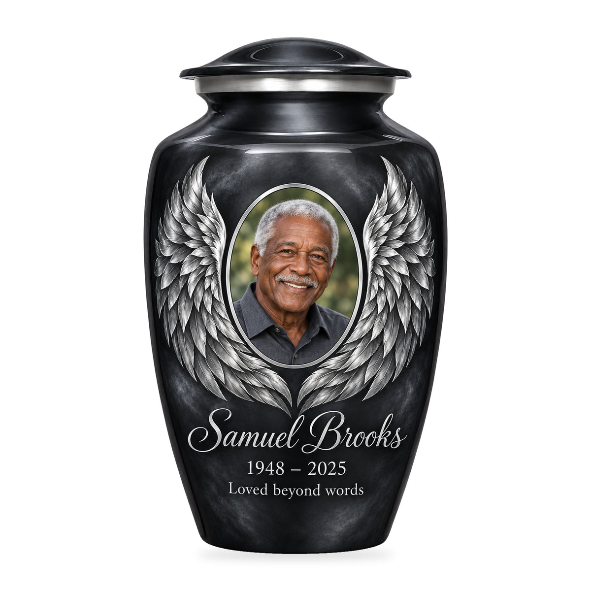 gray adult urn with Charcoal Silver Wings angel wings artwork, fictional sample portrait and personalized inscription on white.