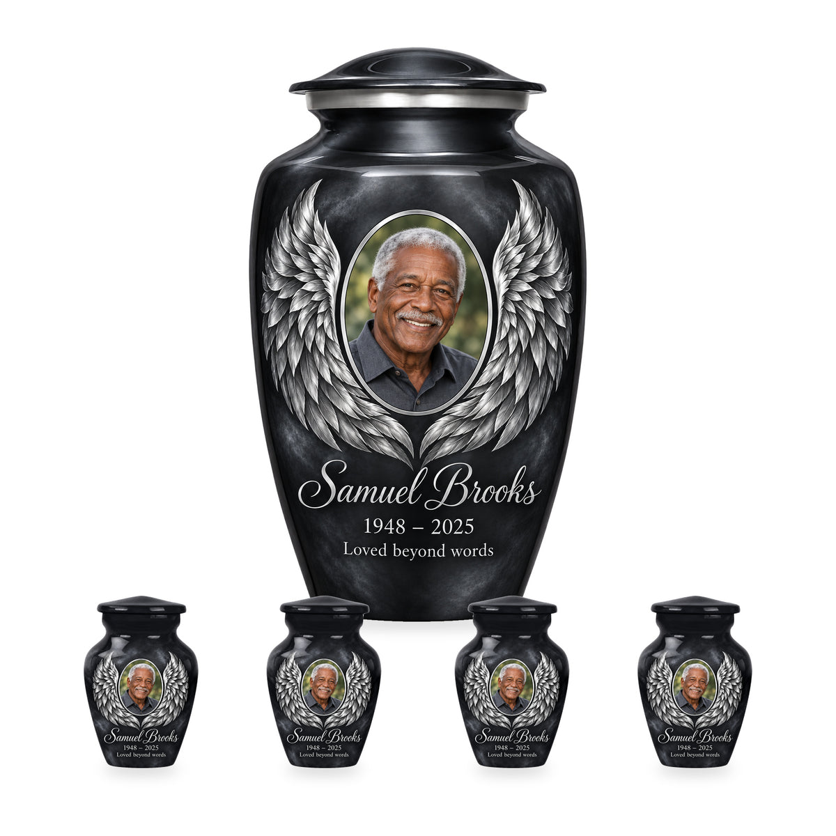 gray adult angel wings urn with four matching keepsakes shown in proportional 10-inch and 3-inch sizes.