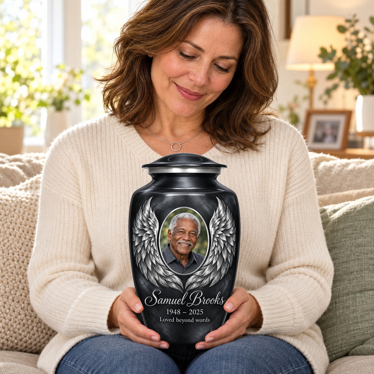 Seated person holding the gray adult angel wings urn on their lap.