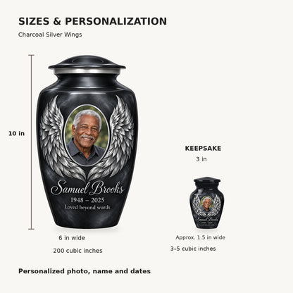 Size guide: adult 10 inches high, 6 inches wide, 200 cubic inches; keepsake 3 inches high, 3–5 cubic inches.