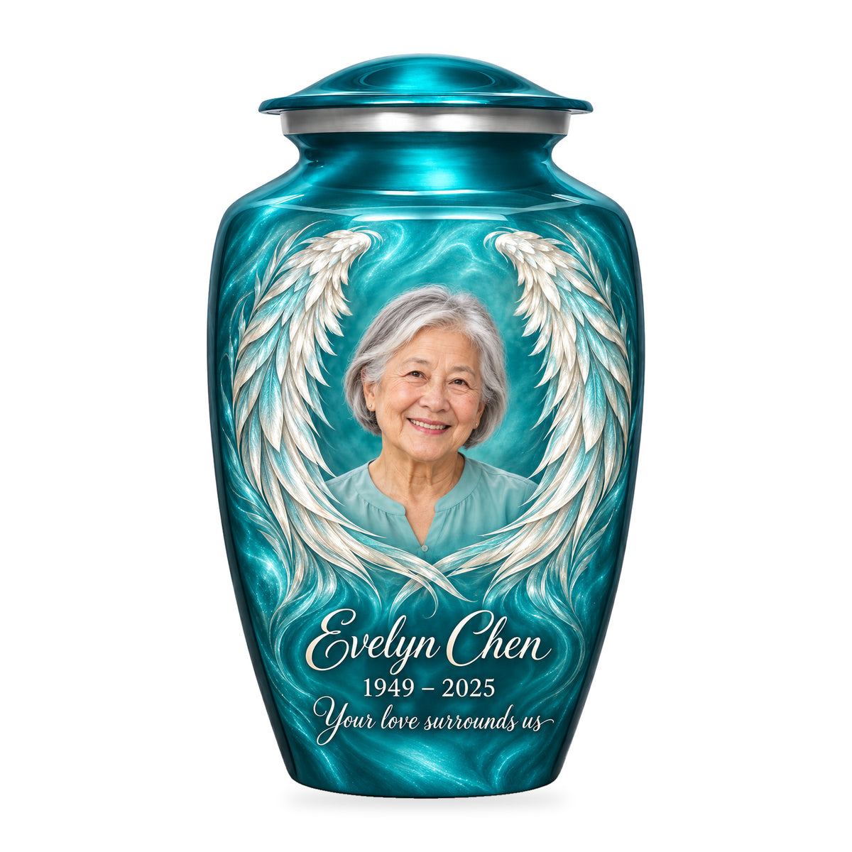 blue adult urn with Turquoise Pearl Wings angel wings artwork, fictional sample portrait and personalized inscription on white.