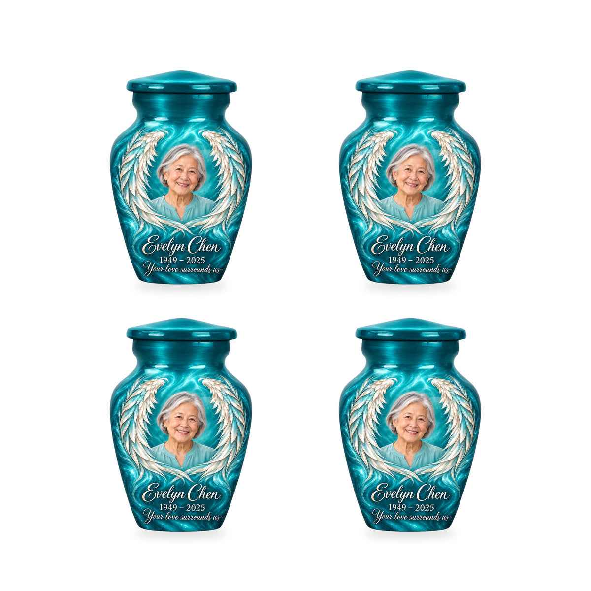 Four matching blue angel wings keepsake urns with sample photo and inscription.