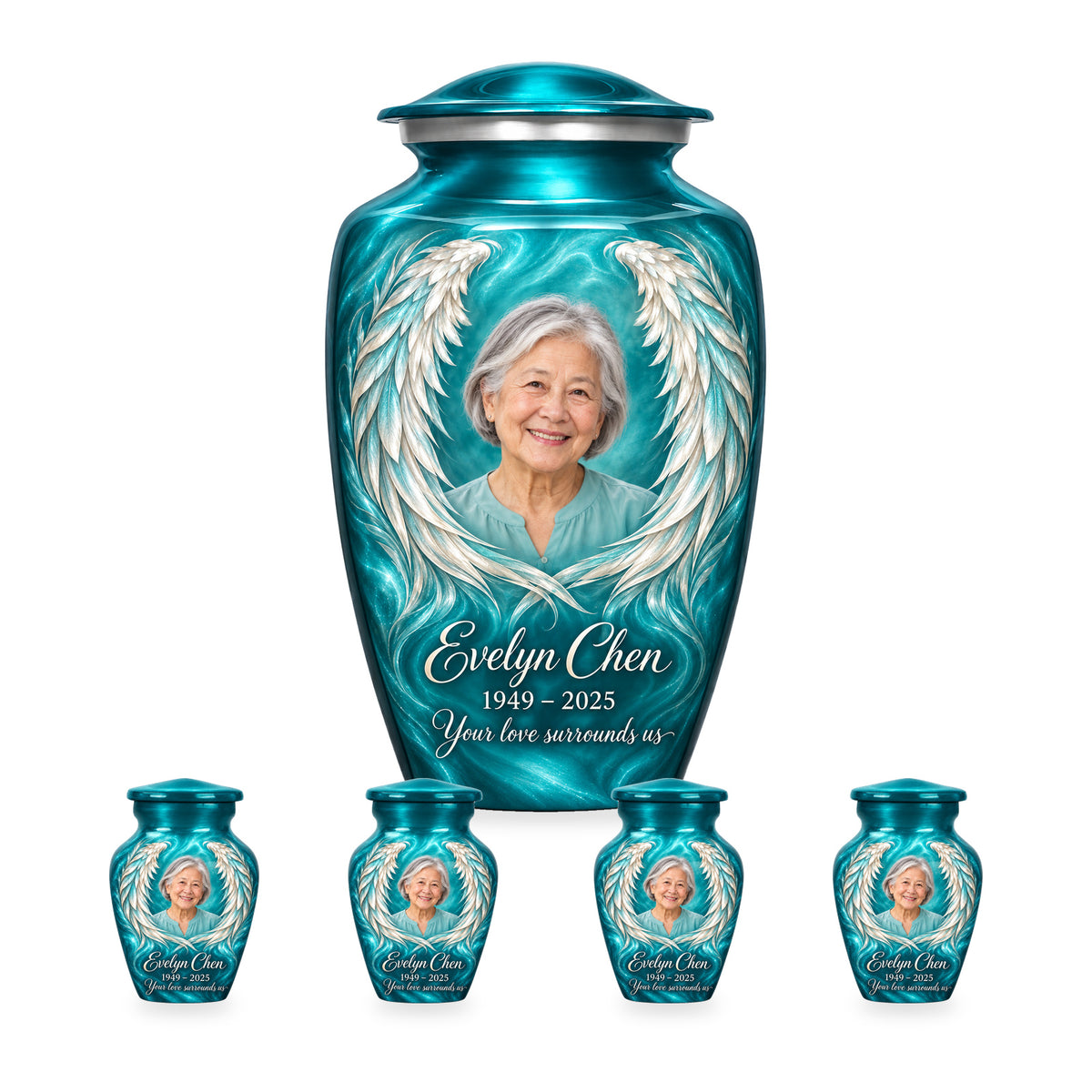 Blue adult angel wings urn with four matching keepsakes shown in proportional 10-inch and 3-inch sizes.