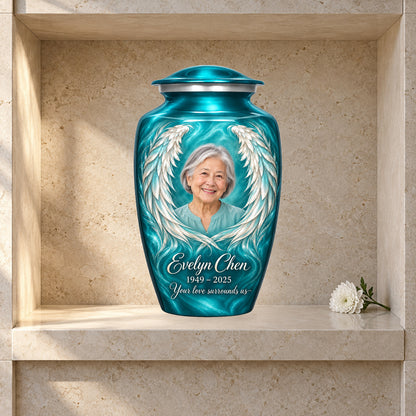 Blue adult urn with Turquoise Pearl Wings angel wings artwork displayed in a columbarium niche.