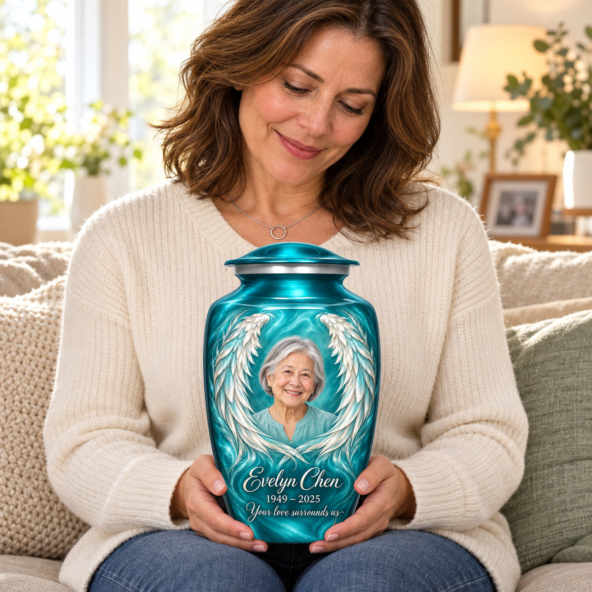 Seated person holding the blue adult angel wings urn on their lap.