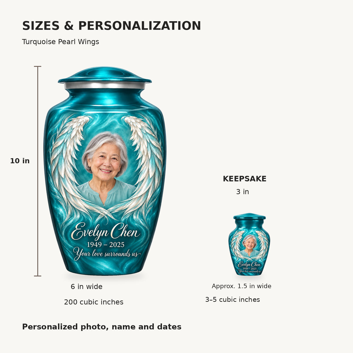 Size guide: adult 10 inches high, 6 inches wide, 200 cubic inches; keepsake 3 inches high, 3–5 cubic inches.